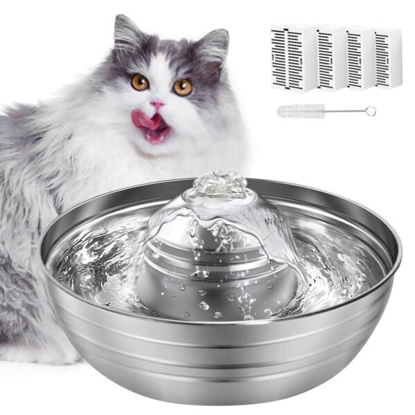 Cat Water Fountain, 2L/67oz Stainless Steel Pet Water Fountain, Quiet Cat Water Bowl for Cats and Small Dogs (Silver)
