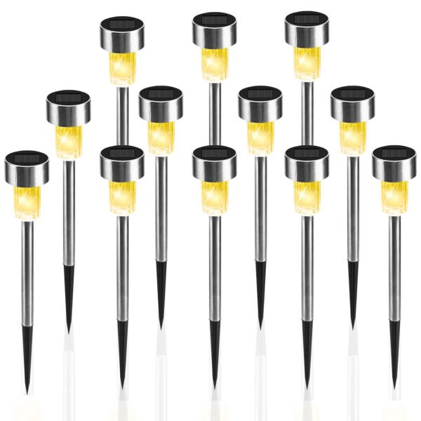12 Pack Solar Lights Outdoor, Stainless Steel Solar Garden Lights, Waterproof LED Landscape Light for Patio Yard Decoration, Warm White