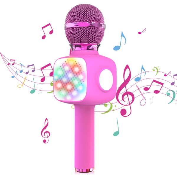 Kids Bluetooth Microphone, Wireless Karaoke Microphone with Flashing Light, Portable Handheld Mic Speaker for Singing, Microphone Toy for Kids Adults (Pink)