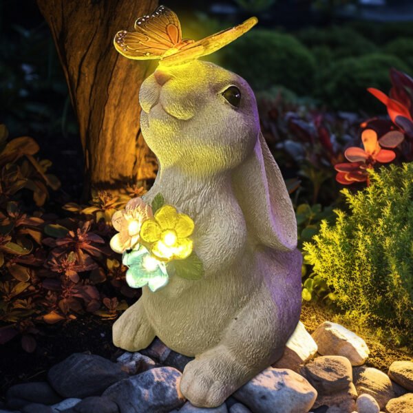Solar Garden Statues Outdoor, Rabbit Figurines with LED Light, Solar Powered Light Yard Decorations for Patio, Balcony, Lawn Ornaments