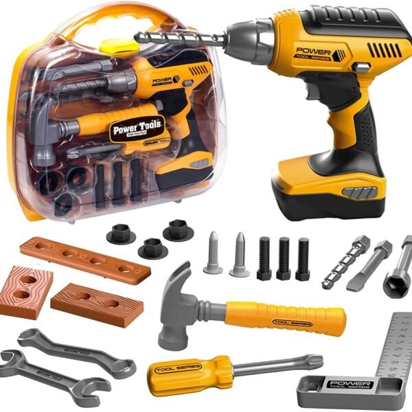 Syenll Pretend Play Kids Construction Tools, Toddler Tool Set with Portable Tool Box & Electronic Toy Drill, Toy Tools Birthday Gifts for 3+ Years Old Boys and Girls