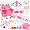 Kids Nail Polish Makeup Kit for Girls, Kids Nail Art Makeup Toy Set with Nail Dryer Mermaid Jewelry Kit, Quick Dry Nail Polish Princess Birthday Gifts for Little Girls Toys, Pink