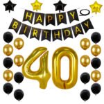 40th Birthday Decorations Kit, Large Number 40 Balloons, Black and Gold Happy Birthday Banner with Latex and Star Balloons, 40 Birthday Balloons Set Party Supplies, 24 Pack